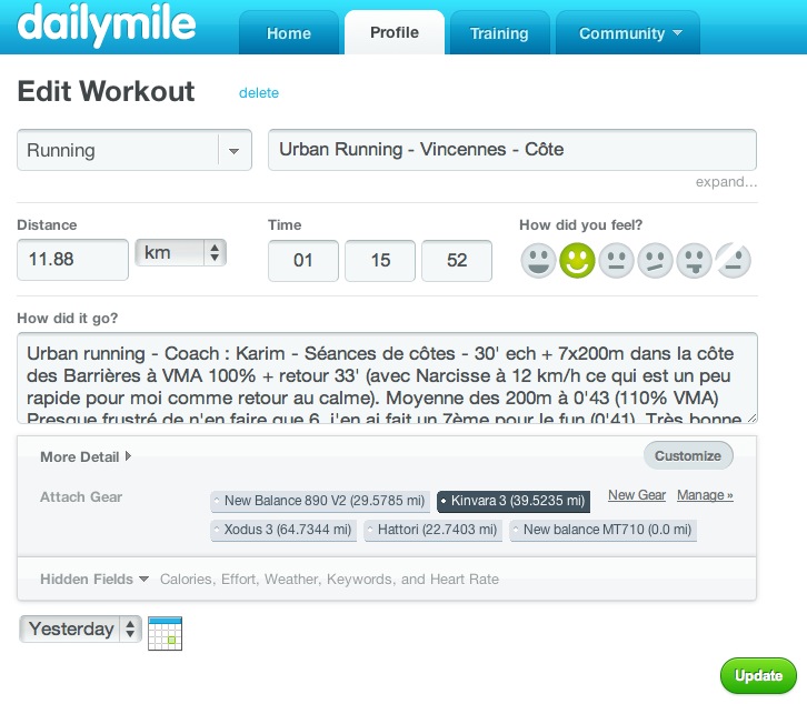La saisie d'un entrainement dans DailyMile.