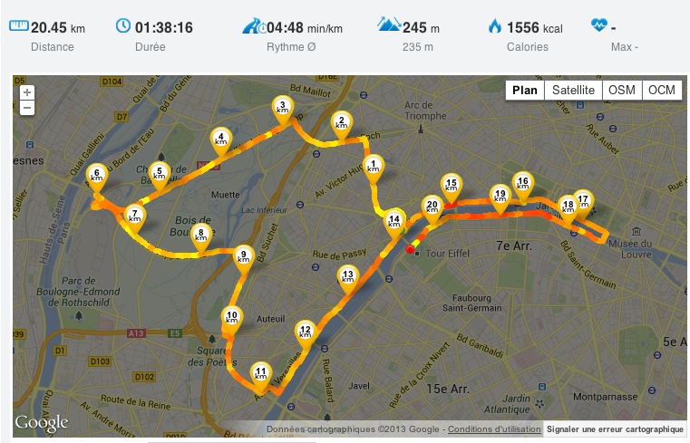 Le parcours des 20 km de Paris avec le code couleur selon mes allures (Runtastic)